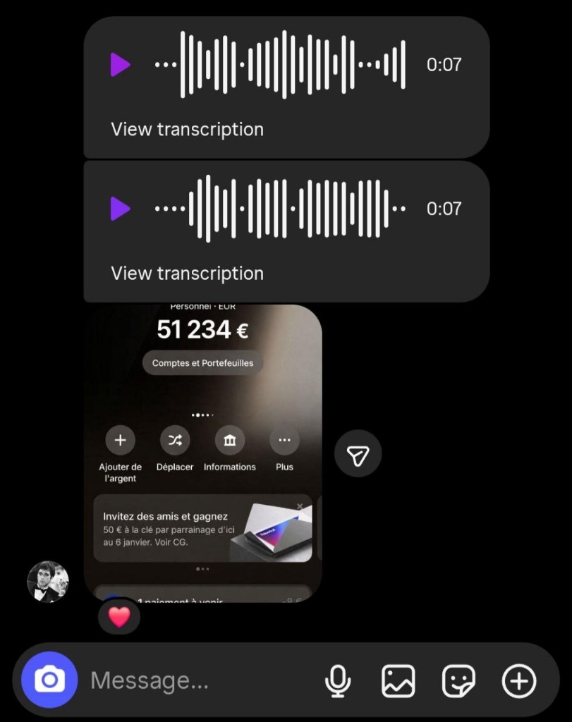Conversation Instagram avec un solde et des messages vocaux